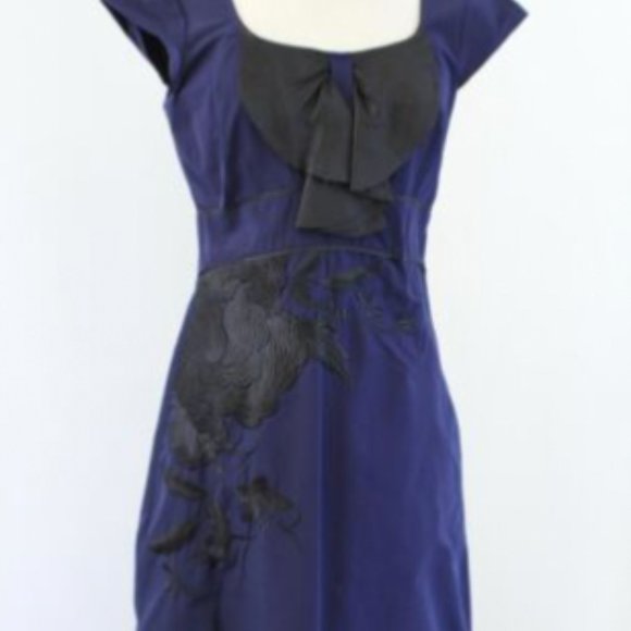 Floreat Anthropologie Sunless Skies Blue Black Floral Embroidered Bow Dress Sz2P - Picture 2 of 7